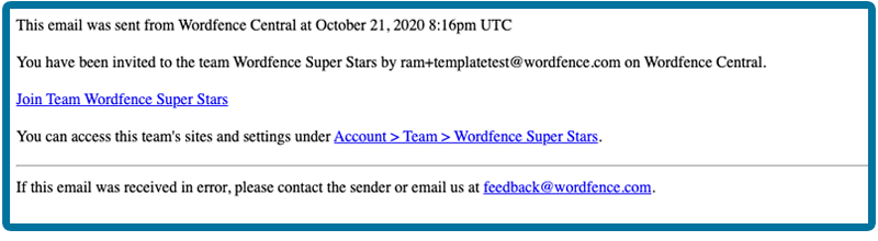 Wordfence Central Teams invitation email