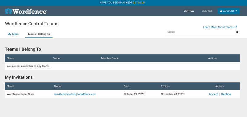 Wordfence Central Teams Switching Account