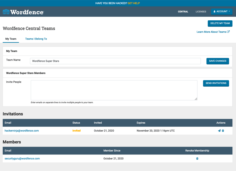 Wordfence Central Teams Invitations and Members