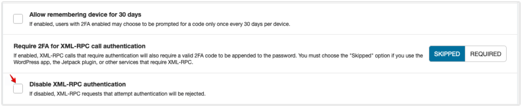 A screen sht showing the "Disable XML-RPC" setting in Wordfence Login Security 
