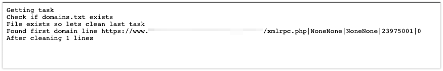 A log file displaying an xmlrpc attempt with NoneNone as the username and password